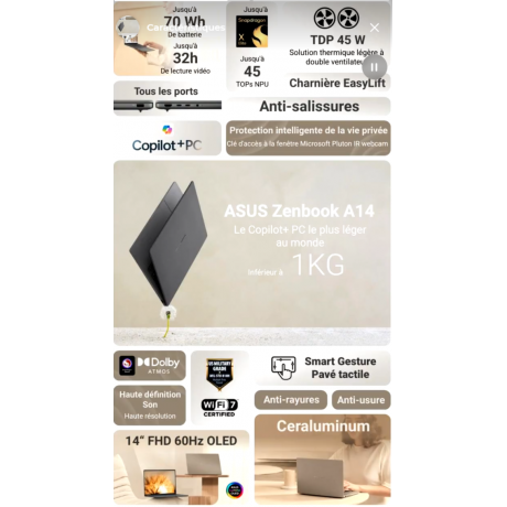 PORTABLE ASUS ZENBOOK OLED UX3407QA-QD311W SNAPDRAGON X-S1-26-100 16Go 512Go SSD 14" W11F